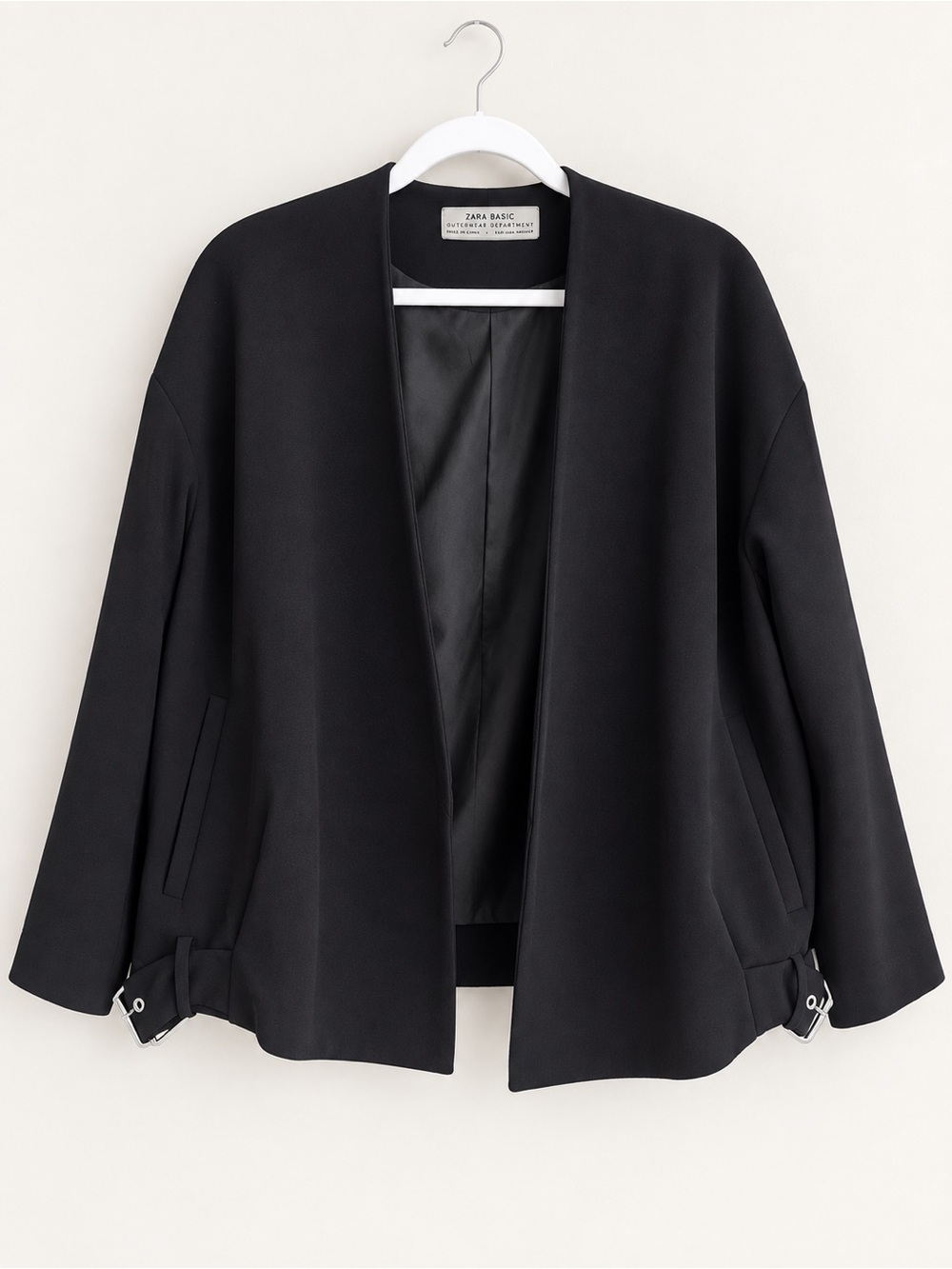Zara Basic Black Oversized Open Front Jacket Side Buckle Detail